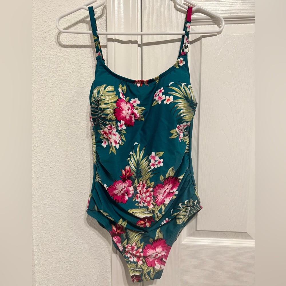 Kona Sol Teal Floral One-Piece Swimsuit with Pink Hibiscus